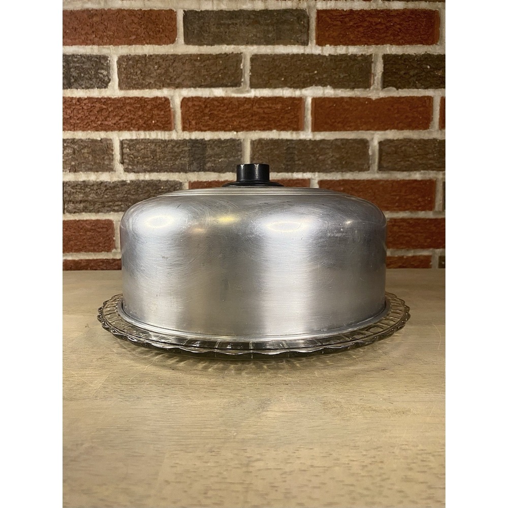 Vintage Chrome Cake‎ Cover With Glass Cake Plate 11 Inch